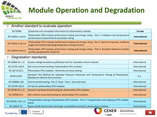 Funded by
Module Operation and Degradation
Degradation standards
Another standard to evaluate operation
EN 50380 Datasheet and nameplate information for photovoltaic modules Europe
IEC 61853-1 ed1.0
Photovoltaic (PV) module performance testing and energy rating - Part 1: Irradiance and temperature
performance measurements and power rating
International
IEC 61853-2 ed.1.0
Photovoltaic (PV) modules performance testing and energy rating - Part 2: Spectral response, incidence
angle and module operating temperature measurements
International
IEC 61853-4 ed.1.0
Photovoltaic (PV) module performance testing and energy rating – Part 4: Standard reference climatic
profiles (proposed IEC 61853-4)
International
IEC 62804 Ed. 1.0 System voltage durability qualification test for crystalline silicon modules International
IEC 61701 ed2.0 Salt mist corrosion testing of photovoltaic (PV) modules International
IEC 62716 Ed.1 Photovoltaic (PV) modules - Ammonia corrosion testing International
ASTM E1597
Standard Test Method for Saltwater Pressure Immersion and Temperature Testing of Photovoltaic
Modules for Marine Environments
U.S.
IEC 60068-2-68 Environmental testing - Part 2: Tests - Test L: Dust and sand International
IEC 61345 ed1.0 UV test for photovoltaic (PV) modules International
IEC 62782 Ed. 1.0 Dynamic mechanical load testing for photovoltaic (PV) modules International
IEC 62938 Ed.1 Non-uniform snow load testing for photovoltaic (PV) modules. International
IEC 62759-1 Ed. 1.0
Transportation testing of photovoltaic (PV) modules - Part 1: Transportation and shipping of PV module
stacks
International
IEC 62916 TS: Bypass diode electrostatic discharge susceptibility testing for photovoltaic modules International
 