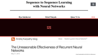 S2S
13
# http://karpathy.github.io/2015/05/21/rnn-eﬀectiveness/
#
[2014]
 