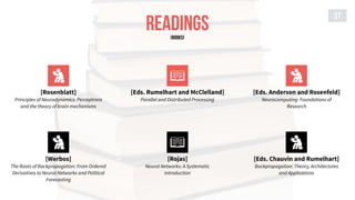 READINGS
37
[Rosenblatt]
Principles of Neurodynamics: Perceptrons
and the theory of brain mechanisms
[Eds. Anderson and Rosenfeld]
Neurocomputing: Foundations of
Research
[Eds. Rumelhart and McClelland]
Parallel and Distributed Processing
[Werbos]
The Roots of Backpropagation: From Ordered
Derivatives to Neural Networks and Political
Forecasting
[Eds. Chauvin and Rumelhart]
Backpropagation: Theory, Architectures
and Applications
[Rojas]
Neural Networks: A Systematic
Introduction
[BOOKS]
 