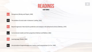 READINGS
38
Perceptrons [Minsky and Papert, 1969]
Une procedure d'apprentissage pour reseau a seuil assymetrique [Le Cun, 1985]
The problem of serial order in behavior [Lashley, 1951]
Beyond regression: New tools for prediction and analysis in the behavioral sciences [Werbos, 1974]
Connectionist models and their properties [Feldman and Ballard, 1982]
Learning-logic [Parker, 1985]
[EARLY WORKS]
 