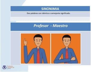 SINONIMIA
Dos palabras con idéntico o semejante significado.




       Profesor - Maestro
 