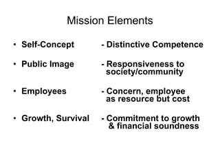 Mission Elements Self-Concept - Distinctive Competence Public Image - Responsiveness to    society/community Employees - Concern, employee    as resource but cost Growth, Survival  - Commitment to growth    & financial soundness 