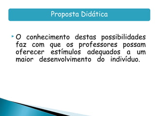 Proposta Didática


O conhecimento destas possibilidades
faz com que os professores possam
oferecer estímulos adequados a um
maior desenvolvimento do indivíduo.
 