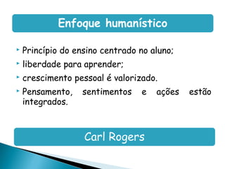 Enfoque humanístico

   Princípio do ensino centrado no aluno;
   liberdade para aprender;
   crescimento pessoal é valorizado.
   Pensamento,    sentimentos   e   ações   estão
    integrados.



                   Carl Rogers
 