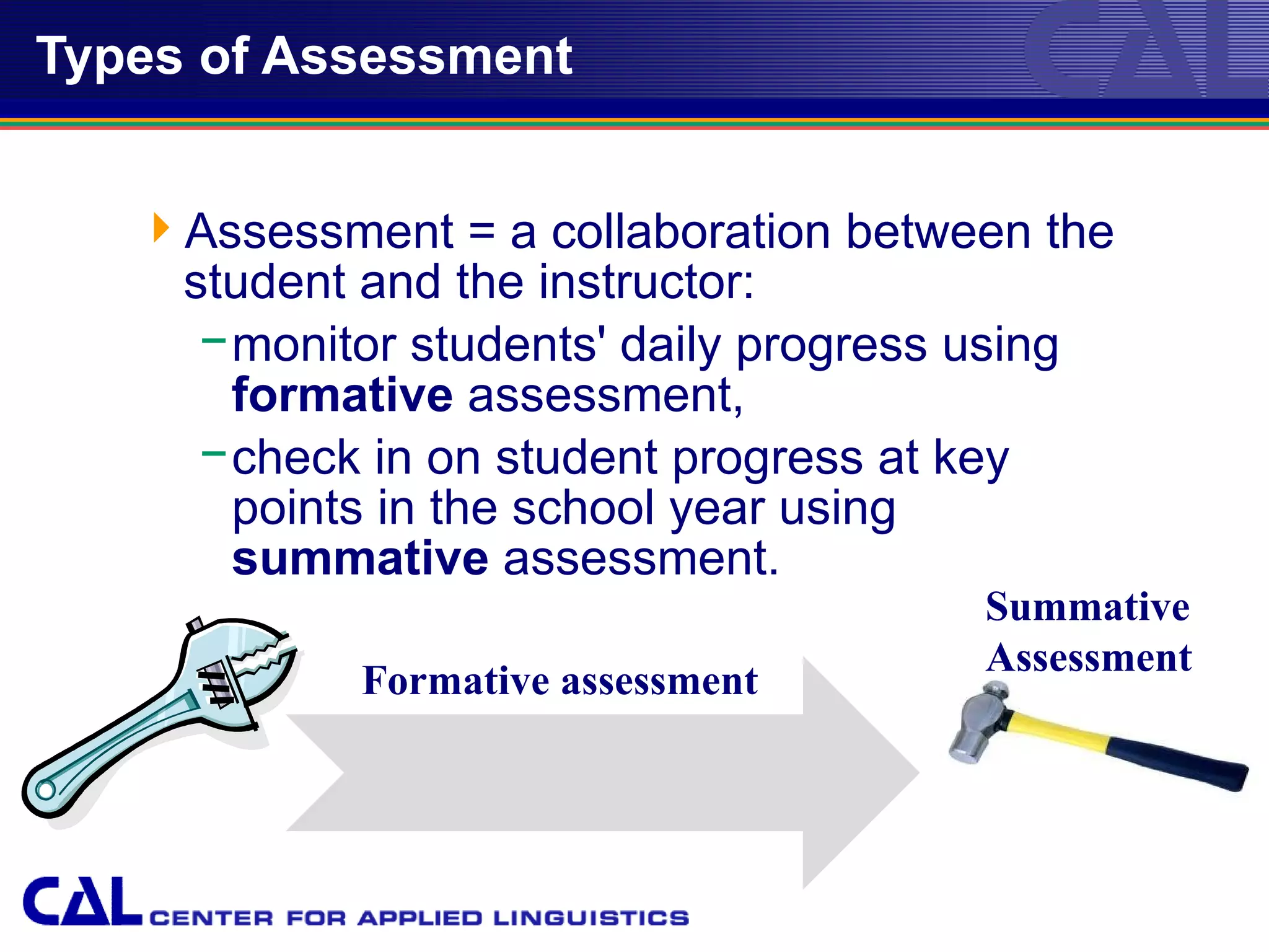 Types of Assessment


   Assessment = a collaboration between the
    student and the instructor:
     − monitor students' daily progress using
       formative assessment,
     − check in on student progress at key
       points in the school year using
       summative assessment.
                                       Summative
                                       Assessment
            Formative assessment
 