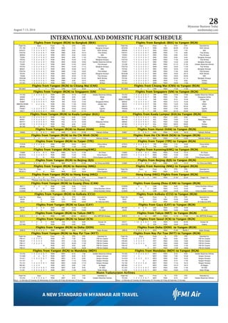 August 7-13, 2014
Myanmar Business Today
mmbiztoday.com
28
INTERNATIONAL AND DOMESTIC FLIGHT SCHEDULE
Fligghhtss ffroom Yanggon (RGNN) to Bangkok ((BKK) Fligghhtss ffroom Banggkok (BKKK) to Yaangon (RGN)
Flight No. DDayss From To ETD ETA Operated by: Flight No. DDayss From To ETD ETA Operated by:
PG 706 1 2 3 4 5 6 7 RGN BKK 7:15 9:30 Bangkok Airways DD4230 1 2 3 4 5 6 7 DMK RGN 06:30 07:55 NOK Airlines
DD4231 1 2 3 4 5 6 7 RGN DMK 8:00 9:45 NOK Airlines 8M336 1 2 3 4 5 6 7 BKK RGN 6:40 7:25 MAI
FD2752 1 2 3 4 5 6 7 RGN DMK 8:30 10:15 Thai AirAsia FD2751 1 2 3 4 5 6 7 DMK RGN 7:15 8:00 Thai AirAsia
8M335 1 2 3 4 5 6 7 RGN BKK 8:40 10:25 MAI TG303 1 2 3 4 5 6 7 BKK RGN 8:00 8:45 Thai Airways
TG304 1 2 3 4 5 6 7 RGN BKK 9:50 11:45 Thai Airways PG701 1 2 3 4 5 6 7 BKK RGN 8:50 9:40 Bangkok Airways
PG702 1 2 3 4 5 6 7 RGN BKK 10:45 12:40 Bangkok Airways FD2755 1 2 3 4 5 6 7 DMK RGN 11:35 12:20 Thai AirAsia
Y5-237 1 2 3 4 5 6 7 RGN BKK 18:05 19:50 Golden Myanmar Airlines PG707 1 2 3 4 5 6 7 BKK RGN 13:40 14:30 Bangkok Airways
TG302 1 2 3 4 5 6 7 RGN BKK 14:45 16:40 Thai Airways Y5-238 1 2 3 4 5 6 7 BKK RGN 21:10 21:55 Golden Myanmar Airlines
PG703 1 2 3 4 5 6 7 RGN BKK 15:20 17:15 Bangkok Airways FD2753 1 2 3 4 5 6 7 DMK RGN 16:35 17:20 Thai AirAsia
8M331 1 2 3 4 5 6 7 RGN BKK 16:30 18:15 MAI PG703 1 2 3 4 5 6 7 BKK RGN 16:45 17:35 Bangkok Airways
FD2754 1 2 3 4 5 6 7 RGN DMK 17:50 19:35 Thai AirAsia TG305 1 2 3 4 5 6 7 BKK RGN 17:55 18:40 Thai Airways
PG704 1 2 3 4 5 6 7 RGN BKK 18:25 20:20 Bangkok Airways DD4238 1 2 3 4 5 6 7 BKK RGN 19:30 20:15 NOK Airlines
TG306 1 2 3 4 5 6 7 RGN BKK 19:40 21:35 Thai Airways 8M332 1 2 3 4 5 6 7 BKK RGN 19:20 20:05 MAI
DD4239 1 2 3 4 5 6 7 RGN DMK 21:00 22:45 NOK Airlines PG705 1 2 3 4 5 6 7 BKK RGN 20:00 21:15 Bangkok Airways
FD 252 1 2 3 4 5 6 7 RGN DMK 8:30 10:15 AirAsia FD 251 1 2 3 4 5 6 7 DMK RGN 7:15 8:00 AirAsia
FD 254 1 2 3 4 5 6 7 RGN DMK 17:30 19:10 AirAsia FD 253 1 2 3 4 5 6 7 DMK RGN 16:20 17:00 AirAsia
FFligghhtss ffroomm Yangoon (RGN)) to Chiaang Maii (CNX) FFligghhtss ffroomm Chiangg Mai (CCNX) to YYangon (RGN)
W9-9607 4 7 RGN CNX 14:50 16:20 Air Bagan W9-9608 4 7 CNX RGN 17:20 17:50 Air Bagan
Flligghtss ffroom Yanggon (RGNN) to Sinngapore (SIN) Flligghtss ffroom Singaapore (SIN) to Yangon ((RGN)
Y5-233 1 2 3 4 5 6 7 RGN SIN 10:10 14:40 Golden Myanmar Airlines Y5-234 1 2 3 4 5 6 7 SIN RGN 15:35 17:05 Golden Myanmar Airlines
MI509 1 6 RGN SIN 0:25 5;00 SilkAir SQ998 1 2 3 4 5 6 7 SIN RGN 7:55 9:20 Singapore Airline
8M231 1 2 3 4 5 6 7 RGN SIN 8:30 13:00 MAI 8M6231/3K585 1 3 4 5 6 SIN RGN 9:10 10:40 Jetstar Asia
SQ997 1 2 3 4 5 6 7 RGN SIN 10:25 14:45 Singapore Airline 8M232 1 2 3 4 5 6 7 SIN RGN 14:10 15:40 MAI
8M6232/3K586 1 3 4 5 6 RGN SIN 11:30 16:05 Jetstar Asia MI518 1 2 3 4 5 6 7 SIN RGN 14:20 15:45 SilkAir
8M233 5 6 7 RGN SIN 13:45 18:15 MAI 8M235 5 6 7 SIN RGN 19:15 20:45 MAI
TR2827 1 2 3 4 5 6 7 RGN SIN 19:05 23:40 TigerAir TR2826 1 2 3 4 5 6 7 SIN RGN 17:05 18:25 TigerAir
MI517 1 2 3 4 5 6 7 RGN SIN 16:40 21:15 SilkAir MI520 5 7 SIN RGN 22:10 23:35 SilkAir
FFliightts frromm Yangonn (RGN) tto Kualaa Lumpuur (KUL) Fligghtts frroomm Kuala LLumpur (KUL)too Yangonn (RGN)
AK1427 1 2 3 4 5 6 7 RGN KUL 8:30 12:50 AirAsia AK1426 1 2 3 4 5 6 7 KUL RGN 6:55 8:00 AirAsia
8M501 1 2 3 4 5 6 7 RGN KUL 8:55 12:55 MAI MH740 1 2 3 4 5 6 7 KUL RGN 10:05 11:15 Malaysia Airlines
MH741 1 2 3 4 5 6 7 RGN KUL 12:15 16:30 Malaysia Airlines 8M502 1 2 3 4 5 6 7 KUL RGN 14:00 15:00 MAI
AK 505 1 2 3 4 5 6 7 RGN KUL 8:30 12:50 AirAsia AK 504 1 2 3 4 5 6 7 KUL RGN 06:55 08:00 AirAsia
AK 503 2 4 6 RGN KUL 19:30 23:45 AirAsia AK 502 2 4 6 KUL RGN 17:50 19:00 AirAsia
Fligghtts frrom Yanngon (RGGN) to HHanoi (HHAN) Fligghtts frrom Hannoi (HANN) to Yanngon (RRGN)
VN956 1 3 5 6 7 RGN HAN 19:10 21:30 Vietnam Airlines VN957 1 3 5 6 7 HAN RGN 16:35 18:10 Vietnam Airlines
Flligghhtss ffroomm Yangon (RGN) to Ho CChi Minhh (SGN) Flligghhtss ffroomm Ho Chii Minh (SSGN) to Yangonn (RGN)
VN942 2 4 7 RGN SGN 14:25 17:10 Vietnam Airlines VN943 2 4 7 SGN RGN 11:40 13:25 Vietnam Airlines
Flligghtss ffrom Yanngon (RGGN) to TTaipei (TTPE) Flligghtss ffrom Taipei (TPEE) to Yanngon (RGN)
CI7916 1 2 3 4 5 6 RGN TPE 10:50 16:10 China Airline CI7915 1 2 3 4 5 6 7 TPE RGN 7:15 10:05 China Airline
BR288 2 5 6 RGN TPE 11:35 17:20 EVA Air BR287 2 5 6 TPE RGN 7:30 10:35 EVA Air
Flligghhtss ffroom Yanggon (RGNN) to Kunming(KMG) Flligghhtss ffroom Kunmming(KMMG) to Yangon ((RGN)
CA906 2 3 4 6 7 RGN KMG 14:15 17:35 Air China CA905 2 3 4 6 7 KMG RGN 12:40 13:15 Air China
MU2032 1 2 3 4 5 6 7 RGN KMG 14:40 17:55 China Eastern MU2031 1 2 3 4 5 6 7 KMG RGN 13:30 14:00 China Eastern
MU2012 3 6 RGN KMG 12:20 18:10 China Eastern (via NNG) MU2011 3 6 KMG RGN 8:25 11:30 China Eastern (via NNG)
Flligghtss from Yanngon (RGGN) to BBeijing (BJS) Flligghtss from Beijjing (BJSS) to Yanngon (RRGN)
CA906 2 3 4 6 7 RGN BJS 14:15 21:55 Air China (via KMG) CA905 2 3 4 6 7 BJS RGN 8:05 13:15 Air China (via KMG)
Fligghhtss ffroom Yanggon (RGNN) to Naanning (NNG) Fligghhtss ffroom Nannning (NNNG) to Yaangon ((RGN)
Flight No. DDayss From To ETD ETA Operated by: Flight No. DDayss From To ETD ETA Operated by:
MU2012 3 6 RGN NNG 12:20 16:25 China Eastern MU2011 3 6 NNG RGN 10:15 11:30 China Eastern
FFligghhtss ffroomm Yangoon (RGN)) to Honng Kong (HKG) HHonngg KKoong (HKG) Flights from Yaangon ((RGN)
KA251 1 2 4 6 RGN HKG 1:10 5:35 Dragon Air KA250 1 3 5 7 HKG RGN 21:50 23:45 Dragon Air
*PPleaasee noote thee dday change for the deparrture time too Hong Kongg.
Flligghhtss ffroomm Yangon (RGN) to Guanng Zhouu (CAN) Flligghhtss ffroomm Guang Zhou (CCAN) to Yangonn (RGN)
8M711 2 4 7 RGN CAN 8:40 13:15 MAI CZ3055 3 6 CAN RGN 8:40 10:30 China Southern Airlines
CZ3056 3 6 RGN CAN 11:20 15:50 China Southern Airline 8M712 2 4 7 CAN RGN 14:15 15:45 MAI
CZ3056 1 5 RGN CAN 17:40 22:15 China Southern Airline CZ3055 1 5 CAN RGN 14:45 16:35 China Southern Airlines
FFlighhts ffroom Yanggon (RGN) to Koolkata (CCCU) FFlighhts ffroom Kolkkata (CCUU) to Yaangon (RRGN)
Flight No. DDayss From To ETD ETA Operated by: Flight No. DDayss From To ETD ETA Operated by:
AI228 5 RGN CCU 18:45 19:45 Air India AI227 1 5 CCU RGN 10:35 13:20 Air India
AI234 1 5 RGN CCU 13:40 16:55 Air India (via GAY) AI233 5 CCU RGN 13:30 18:00 Air India (via GAY)
Fligghhtss ffrom Yanngon (RGGN) to GGaya (GAAY) Fligghhtss ffrom Gayya (GAY) to Yanngon (RGGN)
8M 601 1 3 5 6 RGN GAY 10:30 11:50 MAI 8M 602 1 3 5 6 GAY RGN 12:50 16:00 MAI
AI234 1 5 RGN GAY 13:40 15:00 Air India AI233 5 GAY RGN 15:00 18:00 Air India
Fligghtts frrom Yanngon (RGGN) to TTokyo (NNRT) FFliightts frrom Tokkyo (NRTT) to Yaangon (RRGN)
NH914 1 3 6 RGN NRT 22:00 06:40+1 ALL NIPPON Airways NH913 1 3 6 NRT RGN 11:10 17:05 ALL NIPPON Airways
FFligghhtss ffrom Yanngon (RGGN) to SSeoul (ICCN) FFligghhtss ffrom Seooul (ICN)) to Yanngon (RGGN)
KE472 1 3 5 7 RGN ICN 0:05 8:00 Korean Air KE471 1 2 3 4 5 6 7 ICN RGN 18:40 22:55 Korean Air
OZ7463 4 7 RGN ICN 0:50 8:50 Asiana OZ4753 3 6 ICN RGN 19:30 23:40 Asiana
Flligghtss ffrom Yanngon (RGGN) to DDoha (DOOH) Flightts frrom Dohha (DOH) to Yangon (RRGN)
QR619 1 2 3 4 5 6 7 RGN DOH 8:00 11:45 Qatar Airways QR618 1 2 3 4 5 6 7 DOH RGN 21:05 06:29+1 Qatar Airways
Flligghhtss ffroomm Yangon (RGN) to Nay Pyi Taww (NYT) Flligghhtss ffroomm Nay Pyyi Taw (NNYT) to Yangonn (RGN)
Flight No. DDayss From To ETD ETA Operated by: Flight No. DDayss From To ETD ETA Operated by:
FMI-A1 1 2 3 4 5 RGN NYT 7:30 8:30 FMI Air Charter FMI-A2 1 2 3 4 5 NYT RGN 8:50 9:50 FMI Air Charter
FMI-B1 1 2 3 4 5 RGN NYT 11:30 12:30 FMI Air Charter FMI-B2 1 2 3 4 5 NYT RGN 13:00 14:00 FMI Air Charter
FMI-C1 1 2 3 4 5 RGN NYT 16:30 17:30 FMI Air Charter FMI-C2 1 2 3 4 5 NYT RGN 18:00 19:00 FMI Air Charter
FMI-A1 6 RGN NYT 8:00 9:00 FMI Air Charter FMI-A2 6 NYT RGN 10:00 11:00 FMI Air Charter
FMI-A1 7 RGN NYT 15:30 16:30 FMI Air Charter FMI-A2 7 NYT RGN 17:00 18:00 FMI Air Charter
FFliightts frrom Yangoon (RGN) to Manndalay ((MDY) FFliightts frrom Manddalay (MDDY) to YYangon (RGN)
Y5-234 1 2 3 4 5 6 7 RGN MDY 6:15 7:30 Golden Myanmar Airlines Y5-233 1 2 3 4 5 6 7 MDY RGN 8:10 9:25 Golden Myanmar Airlines
YH 909 2 4 6 7 RGN MDY 6:30 8:10 Yangon Airways YH 910 1 3 MDY RGN 7:40 10:30 Yangon Airways
YH 917 1 2 3 4 5 6 7 RGN MDY 6:10 8:30 Yangon Airways YH 918 1 2 3 4 6 7 MDY RGN 8:30 10:25 Yangon Airways
YH 727 1 5 RGN MDY 11:15 13:25 Yangon Airways YH 728 1 5 MDY RGN 9:10 11:05 Yangon Airways
YH 731 1 2 3 4 5 6 7 RGN MDY 15:00 17:10 Yangon Airways YH 732 1 2 3 4 5 6 MDY RGN 17:10 19:15 Yangon Airways
W9 501 1 2 3 4 RGN MDY 6:00 7:25 Air Bagan W9 502 1 2 3 4 MDY RGN 16:10 18:15 Air Bagan
K7 222 1 2 3 4 5 6 7 RGN MDY 6:30 8:40 Air KBZ K7 223 1 2 3 4 5 6 7 MDY RGN 9:00 11:05 Air KBZ
YJ 201 1 2 3 4 5 6 7 RGN MDY 11:30 12:55 Asian Wings YJ 202 1 2 3 4 5 6 7 MDY RGN 16:00 17:25 Asian Wings
Flight No. DDayss From To ETD ETA Operated by: Flight No. DDayss From To ETD ETA Operated by:
Y5-234 1 2 3 4 5 6 7 RGN MDY 6:15 7:30 Golden Myanmar Airlines Y5-233 1 2 3 4 5 6 7 MDY RGN 8:10 9:25 Golden Myanmar Airlines
Days - (1) Monday (2) TTueesdaay (33) WWeddnessdaay (4) Thursdayy (5) Friday (6) SSaturday (7) Suunday Days - (1) Monday (2) TTueesdaay (33) WWeddnessdaay (4) Thursdayy (5) Friday (6) SSaturday (7) Suunday
Mann Yadanarpon Airlines
 