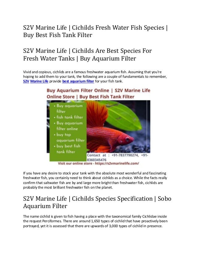 S2V Marine Life | Cichilds Fresh Water Fish Species |
Buy Best Fish Tank Filter
S2V Marine Life | Cichilds Are Best Species For
Fresh Water Tanks | Buy Aquarium Filter
Vivid and copious, cichlids are a famous freshwater aquarium fish. Assuming that you're
hoping to add them to your tank, the following are a couple of fundamentals to remember,
S2V Marine Life provide best aquarium filter for your fish tank.
If you have any desire to stock your tank with the absolute most wonderful and fascinating
freshwater fish, you certainly need to think about cichlids as a choice. While the facts really
confirm that saltwater fish are by and large more bright than freshwater fish, cichlids are
probably the most brilliant freshwater fish on the planet.
S2V Marine Life | Cichilds Species Specification | Sobo
Aquarium Filter
The name cichlid is given to fish having a place with the taxonomical family Cichlidae inside
the request Perciformes. There are around 1,650 types of cichlid that have proactively been
portrayed, yet it is assessed that there are upwards of 3,000 types of cichlid in presence.
 