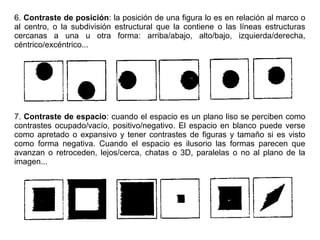 6. Contraste de posición: la posición de una figura lo es en relación al marco o
al centro, o la subdivisión estructural que la contiene o las líneas estructuras
cercanas a una u otra forma: arriba/abajo, alto/bajo, izquierda/derecha,
céntrico/excéntrico...
7. Contraste de espacio: cuando el espacio es un plano liso se perciben como
contrastes ocupado/vacío, positivo/negativo. El espacio en blanco puede verse
como apretado o expansivo y tener contrastes de figuras y tamaño si es visto
como forma negativa. Cuando el espacio es ilusorio las formas parecen que
avanzan o retroceden, lejos/cerca, chatas o 3D, paralelas o no al plano de la
imagen...
 