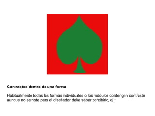 Contrastes dentro de una forma
Habitualmente todas las formas individuales o los módulos contengan contraste
aunque no se note pero el diseñador debe saber percibirlo, ej.:
 