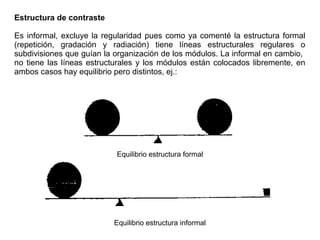 Estructura de contraste
Es informal, excluye la regularidad pues como ya comenté la estructura formal
(repetición, gradación y radiación) tiene líneas estructurales regulares o
subdivisiones que guían la organización de los módulos. La informal en cambio,
no tiene las líneas estructurales y los módulos están colocados libremente, en
ambos casos hay equilibrio pero distintos, ej.:
Equilibrio estructura formal
Equilibrio estructura informal
 