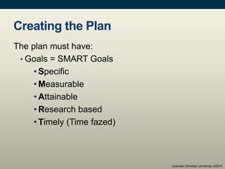 Creating the Plan
The plan must have:
• Goals = SMART Goals
• Specific
• Measurable
• Attainable
• Research based
• Timely (Time fazed)
Colorado Christian University ©2014
 