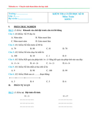 Tkbooks.vn – Chuyên sách tham khảo cho học sinh
I. PHẦN TRẮC NGHIỆM
Bài 1: (3 điểm) Khoanh vào chữ đặt trước câu trả lời đ...