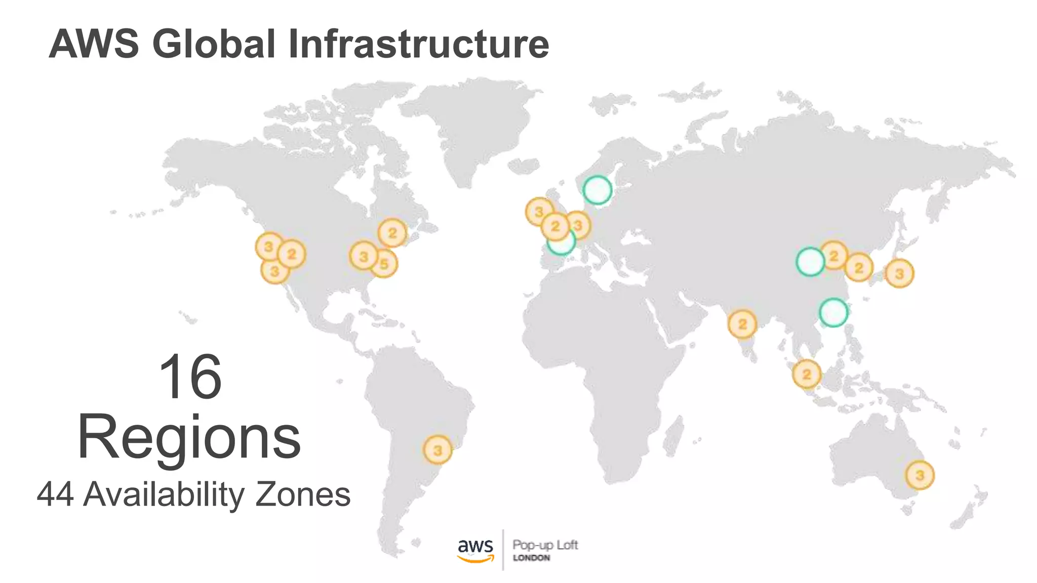 AWS Global Infrastructure
16
Regions
44 Availability Zones
 