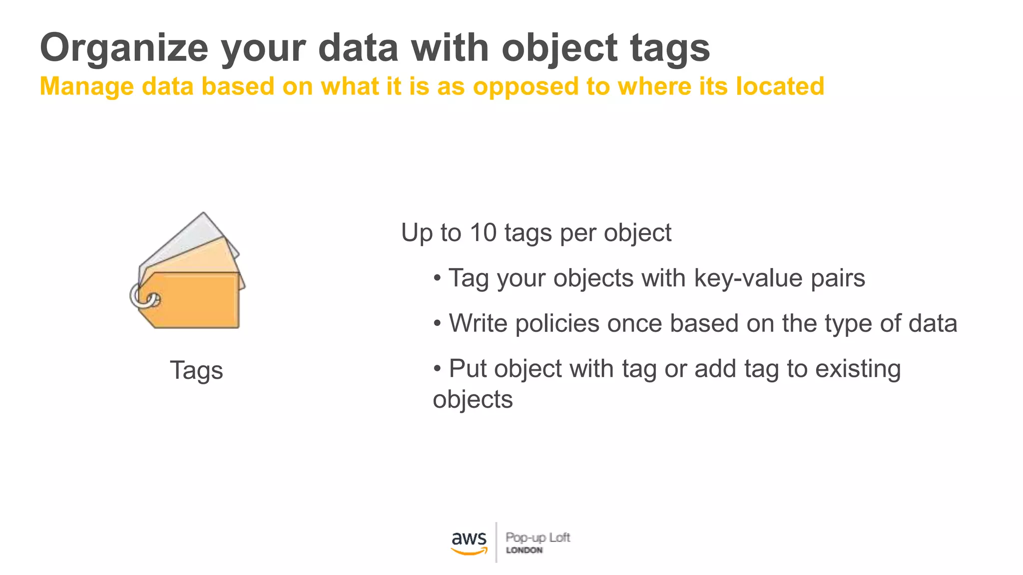 Organize your data with object tags
Manage data based on what it is as opposed to where its located
Up to 10 tags per object
• Tag your objects with key-value pairs
• Write policies once based on the type of data
• Put object with tag or add tag to existing
objects
Tags
 