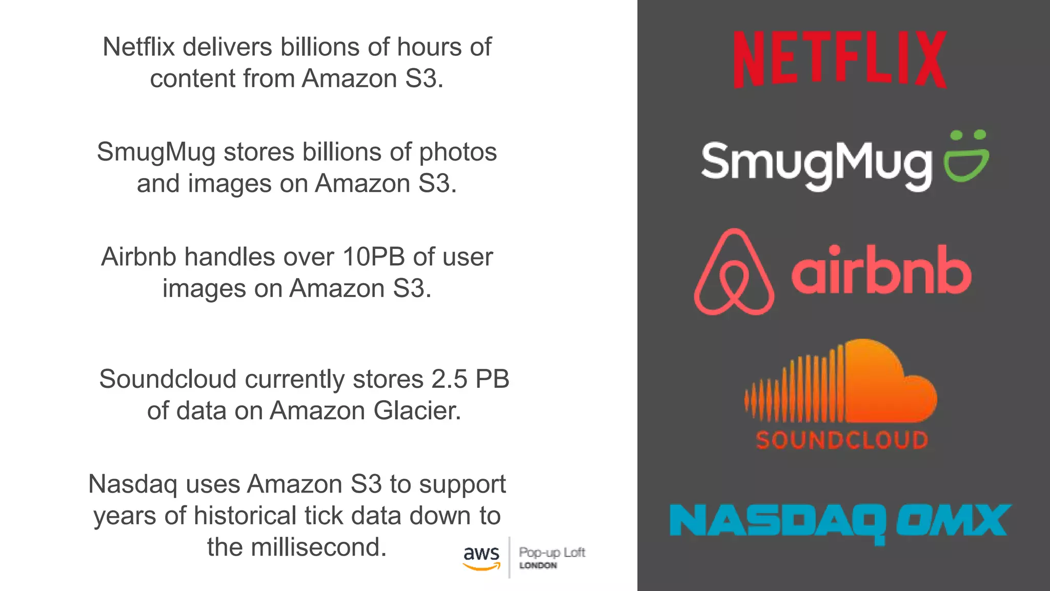 Netflix delivers billions of hours of
content from Amazon S3.
SmugMug stores billions of photos
and images on Amazon S3.
Airbnb handles over 10PB of user
images on Amazon S3.
Soundcloud currently stores 2.5 PB
of data on Amazon Glacier.
Nasdaq uses Amazon S3 to support
years of historical tick data down to
the millisecond.
 