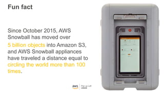 Fun fact
Since October 2015, AWS
Snowball has moved over
5 billion objects into Amazon S3,
and AWS Snowball appliances
have traveled a distance equal to
circling the world more than 100
times.
 