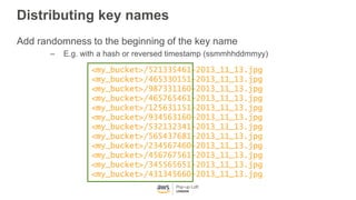 Distributing key names
Add randomness to the beginning of the key name
– E.g. with a hash or reversed timestamp (ssmmhhddmmyy)
<my_bucket>/521335461-2013_11_13.jpg
<my_bucket>/465330151-2013_11_13.jpg
<my_bucket>/987331160-2013_11_13.jpg
<my_bucket>/465765461-2013_11_13.jpg
<my_bucket>/125631151-2013_11_13.jpg
<my_bucket>/934563160-2013_11_13.jpg
<my_bucket>/532132341-2013_11_13.jpg
<my_bucket>/565437681-2013_11_13.jpg
<my_bucket>/234567460-2013_11_13.jpg
<my_bucket>/456767561-2013_11_13.jpg
<my_bucket>/345565651-2013_11_13.jpg
<my_bucket>/431345660-2013_11_13.jpg
 