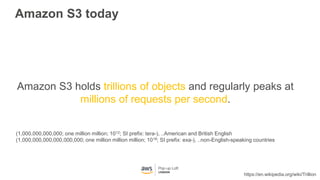 Amazon S3 today
Amazon S3 holds trillions of objects and regularly peaks at
millions of requests per second.
(1,000,000,000,000; one million million; 1012; SI prefix: tera-), ..American and British English
(1,000,000,000,000,000,000; one million million million; 1018; SI prefix: exa-), ..non-English-speaking countries
https://en.wikipedia.org/wiki/Trillion
 