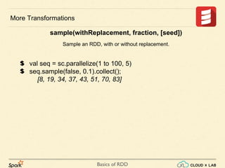 Basics of RDD
val seq = sc.parallelize(1 to 100, 5)
seq.sample(false, 0.1).collect();
[8, 19, 34, 37, 43, 51, 70, 83]
More Transformations
sample(withReplacement, fraction, [seed])
Sample an RDD, with or without replacement.
 