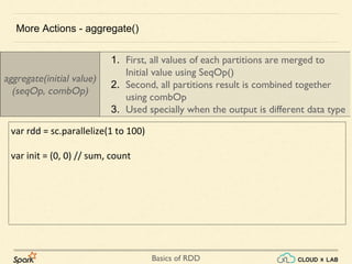 Basics of RDD
var rdd = sc.parallelize(1 to 100)
var init = (0, 0) // sum, count
More Actions - aggregate()
aggregate(initial value)
(seqOp, combOp)
1. First, all values of each partitions are merged to
Initial value using SeqOp()
2. Second, all partitions result is combined together
using combOp
3. Used specially when the output is different data type
 