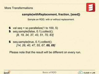 Basics of RDD
More Transformations
sample(withReplacement, fraction, [seed])
Sample an RDD, with or without replacement.
val seq = sc.parallelize(1 to 100, 5)
seq.sample(false, 0.1).collect();
[8, 19, 34, 37, 43, 51, 70, 83]
seq.sample(true, 0.1).collect();
[14, 26, 40, 47, 55, 67, 69, 69]
Please note that the result will be different on every run.
 