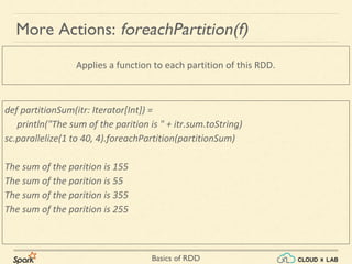Basics of RDD
Applies a function to each partition of this RDD.
More Actions: foreachPartition(f)
def partitionSum(itr: Iterator[Int]) =
println("The sum of the parition is " + itr.sum.toString)
sc.parallelize(1 to 40, 4).foreachPartition(partitionSum)
The sum of the parition is 155
The sum of the parition is 55
The sum of the parition is 355
The sum of the parition is 255
 