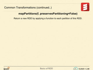 Basics of RDD
Common Transformations (continued..)
mapPartitions(f, preservesPartitioning=False)
Return a new RDD by applying a function to each partition of this RDD.
 