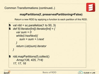 Basics of RDD
val rdd = sc.parallelize(1 to 50, 3)
def f(l:Iterator[Int]):Iterator[Int] = {
var sum = 0
while(l.hasNext){
sum = sum + l.next
}
return List(sum).iterator
}
rdd.mapPartitions(f).collect()
Array(136, 425, 714)
17, 17, 16
Common Transformations (continued..)
mapPartitions(f, preservesPartitioning=False)
Return a new RDD by applying a function to each partition of this RDD.
 