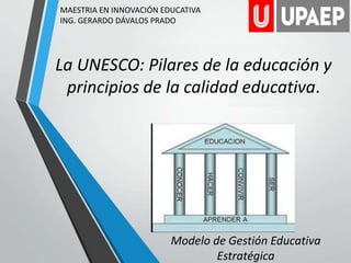 La UNESCO: Pilares de la educación y
principios de la calidad educativa.
Modelo de Gestión Educativa
Estratégica
MAESTRIA EN INNOVACIÓN EDUCATIVA
ING. GERARDO DÁVALOS PRADO
 