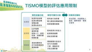 Copyright 2018 © ITRI 工業技術研究院
TISMO模型的評估應用限制
能源面
經濟面
環境面
使用者行為影響能源供給結構
能源消費結構
發電結構
能源系統成本
空污與環境排放
溫室氣體排放
就業人口、貿易、
投資、消費影響
GDP衝擊
環境衝擊
產業影響
環境衝擊外部成本
空污大氣擴散
水能交織影響
電力調度與傳輸限制
區域經濟分析能力
物價影響
模型涵蓋功能 模型可擴充功能
能源貧窮議題
綠能投資影響
政治因素、利害關係人
意見、國際情勢、環境
災害等
氣候變遷與調適
工業、運輸排放
仰賴其他機制
7
 