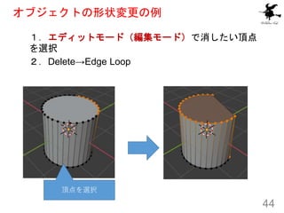 オブジェクトの形状変更の例
１．エディットモード（編集モード）で消したい頂点
を選択
２．Delete→Edge Loop
頂点を選択
44
 