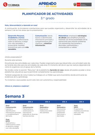 Hola, ¡bienvenida(o) a Aprendo en casa!
A continuación, te brindamos orientaciones para que puedas organizarte y desarrollar las actividades de la
semana 3, de las tres áreas que te presentamos:
Semana 3
DÍA 1 DÍA 2 DÍA 3 DÍA 4 DÍA 5
Área:
Comunicación
Leemos e
identiﬁcamos
información principal
y complementaria
del texto
Área:
DPCC
Analizamos y
reﬂexionamos sobre
el derecho a elegir
una vida saludable
Área:
Matemática
Realizamos
mediciones entre
dos planetas
Área:
Matemática
Resolvemos
situaciones
empleando
fracciones y
decimales
Área:
DPCC
Proponemos
medidas preventivas
para una vida
saludable
Área:
Comunicación
Clasiﬁcamos y
sintetizamos la
información
obtenida en diversas
fuentes escritas
PLANIFICADOR DE ACTIVIDADES
3.er
grado
¿Estás preparada(o)?
Durante esta semana:
Encontrarás dos actividades por cada área. Puedes organizarte para que desarrolles una actividad cada día,
así tendrás dos días para las actividades de cada área. El momento del día en que las realices dependerá de
cómo te organices con el apoyo de tu familia.
No olvides visitar la sección “Recursos” de la plataforma Aprendo en casa, desde allí podrás acceder a otras
plataformas educativas que te permitirán complementar tus aprendizajes.
También asegúrate de incluir todos tus trabajos en un fólder que será el portafolio donde archivarás las
evidencias de tu aprendizaje.
Te invitamos a que puedas asumir este reto con autonomía y responsabilidad.
¡Ahora sí, empieza a explorar!
Desarrollo Personal,
Ciudadanía y Cívica:
Analizarás y reﬂexionarás
sobre el derecho a elegir
una vida saludable, y
propondrás medidas
preventivas para una vida
saludable.
Comunicación: leerás
textos e identiﬁcarás
información principal y
complementaria para
clasiﬁcar y sintetizar
información.
Matemática: emplearás estrategias
de cálculo para simpliﬁcar procesos,
haciendo uso de las propiedades de las
operaciones para resolver problemas
con expresiones fraccionarias o
decimales, justiﬁcándolas y
comprobando su validez.
 