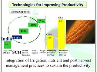 Technologies for Improving Productivity
         Closing Gap Ideas

                                                             USA
                                      ?%                     9.0
                             20%

                  15%
                                               China

India50-75%                                     5.00


  2.6


 Avg. Yield         Insect&    Weed    Drought Developing    Developed
 (Mt/Ha)      SCH   Disease
                    Protection
                               Control Tolerance Countries
                                                 (Mt/Ha)
                                                             Countries
                                                             (Mt/Ha)


   Integration of Irrigation, nutrient and post harvest
   management practices to sustain the productivity
                                                                         7
 