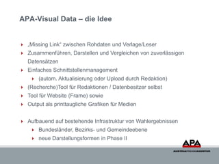 APA-Visual Data – die Idee


 „Missing Link“ zwischen Rohdaten und Verlage/Leser
 Zusammenführen, Darstellen und Vergleichen von zuverlässigen
   Datensätzen
 Einfaches Schnittstellenmanagement
     (autom. Aktualisierung oder Upload durch Redaktion)
 (Recherche)Tool für Redaktionen / Datenbesitzer selbst
 Tool für Website (Frame) sowie
 Output als printtaugliche Grafiken für Medien


 Aufbauend auf bestehende Infrastruktur von Wahlergebnissen
     Bundesländer, Bezirks- und Gemeindeebene
     neue Darstellungsformen in Phase II
 