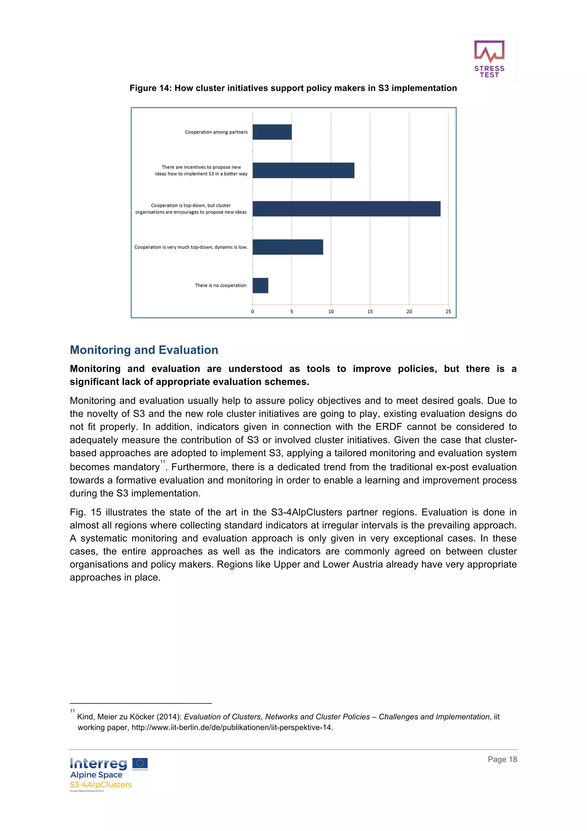        
      Page  18  
  
Figure  14:  How  cluster  initiatives  support  policy  makers  in  S3  implementation  
  
  
Monitoring  and  Evaluation  
Monitoring   and   evaluation   are   understood   as   tools   to   improve   policies,   but   there   is   a  
significant  lack  of  appropriate  evaluation  schemes.  
Monitoring  and  evaluation  usually  help  to  assure  policy  objectives  and  to  meet  desired  goals.  Due  to  
the  novelty  of  S3  and  the  new  role  cluster  initiatives  are  going  to  play,  existing  evaluation  designs  do  
not   fit   properly.   In   addition,   indicators   given   in   connection   with   the   ERDF   cannot   be   considered   to  
adequately  measure  the  contribution  of  S3  or  involved  cluster  initiatives.  Given  the  case  that  cluster-­
based  approaches  are  adopted  to  implement  S3,  applying  a  tailored  monitoring  and  evaluation  system  
becomes  mandatory
11
.  Furthermore,  there  is  a  dedicated  trend  from  the  traditional  ex-­post  evaluation  
towards  a  formative  evaluation  and  monitoring  in  order  to  enable  a  learning  and  improvement  process  
during  the  S3  implementation.    
Fig.   15   illustrates   the   state   of   the   art   in   the   S3-­4AlpClusters   partner   regions.   Evaluation   is   done   in  
almost  all  regions  where  collecting  standard  indicators  at  irregular  intervals  is  the  prevailing  approach.  
A   systematic   monitoring   and   evaluation   approach   is   only   given   in   very   exceptional   cases.   In   these  
cases,   the   entire   approaches   as   well   as   the   indicators   are   commonly   agreed   on   between   cluster  
organisations  and  policy  makers.  Regions  like  Upper  and  Lower  Austria  already  have  very  appropriate  
approaches  in  place.  
     
11
  Kind,  Meier  zu  Köcker  (2014):  Evaluation  of  Clusters,  Networks  and  Cluster  Policies  –  Challenges  and  Implementation,  iit  
working  paper,  http://www.iit-­berlin.de/de/publikationen/iit-­perspektive-­14.  
 