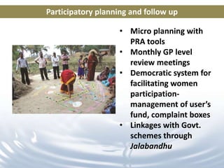 Participatory planning and follow up

                    • Micro planning with
                      PRA tools
                    • Monthly GP level
                      review meetings
                    • Democratic system for
                      facilitating women
                      participation-
                      management of user’s
                      fund, complaint boxes
                    • Linkages with Govt.
                      schemes through
                      Jalabandhu
 