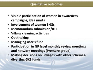 Qualitative outcomes


• Visible participation of women in awareness
  campaigns, idea marts
• Involvement of women SHGs
• Memorandum submission/RTI
• Village cleaning activities
• Oath taking
• Managing user’s fund
• Participation in GP level monthly review meetings
  and network meetings (Pressure group)
• Making decisions on linkages with other schemes-
  diverting GKS funds
 