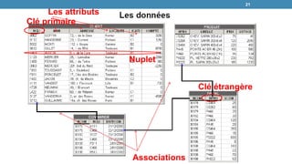 21
21
Clé primaire
Les attributs
Nuplet
Clé étrangère
Associations
 
