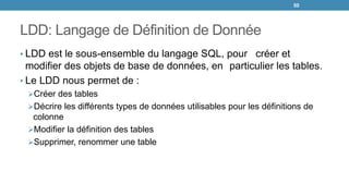 LDD: Langage de Définition de Donnée
• LDD est le sous-ensemble du langage SQL, pour créer et
modifier des objets de base de données, en particulier les tables.
• Le LDD nous permet de :
Créer des tables
Décrire les différents types de données utilisables pour les définitions de
colonne
Modifier la définition des tables
Supprimer, renommer une table
50
 