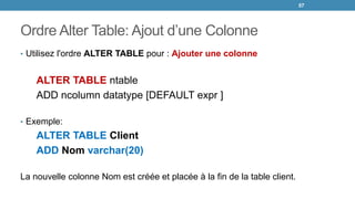 Ordre Alter Table: Ajout d’une Colonne
• Utilisez l'ordre ALTER TABLE pour : Ajouter une colonne
ALTER TABLE ntable
ADD ncolumn datatype [DEFAULT expr ]
• Exemple:
ALTER TABLE Client
ADD Nom varchar(20)
La nouvelle colonne Nom est créée et placée à la fin de la table client.
57
 