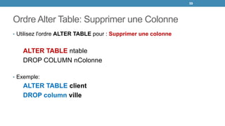 Ordre Alter Table: Supprimer une Colonne
• Utilisez l'ordre ALTER TABLE pour : Supprimer une colonne
ALTER TABLE ntable
DROP COLUMN nColonne
• Exemple:
ALTER TABLE client
DROP column ville
59
 