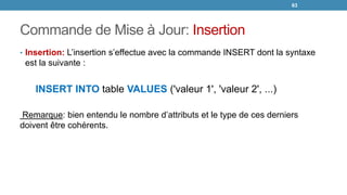 Commande de Mise à Jour: Insertion
• Insertion: L’insertion s’effectue avec la commande INSERT dont la syntaxe
est la suivante :
INSERT INTO table VALUES ('valeur 1', 'valeur 2', ...)
Remarque: bien entendu le nombre d’attributs et le type de ces derniers
doivent être cohérents.
63
 