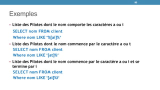 Exemples
• Liste des Pilotes dont le nom comporte les caractères a ou i
SELECT nom FROM client
Where nom LIKE ‘%[ai]%‘
• Liste des Pilotes dont le nom commence par le caractère a ou t
SELECT nom FROM client
Where nom LIKE ‘[at]%‘
• Liste des Pilotes dont le nom commence par le caractère a ou i et se
termine par i
SELECT nom FROM client
Where nom LIKE ‘[ai]%i‘
80
 