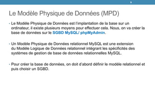 Le Modèle Physique de Données (MPD)
• Le Modèle Physique de Données est l’implantation de la base sur un
ordinateur, il existe plusieurs moyens pour effectuer cela. Nous, on va créer la
base de données sur le SGBD MySQL/ phpMyAdmin.
• Un Modèle Physique de Données relationnel MySQL est une extension
du Modèle Logique de Données relationnel intégrant les spécificités des
systèmes de gestion de base de données relationnelles MySQL.
• Pour créer la base de données, on doit d’abord définir le modèle relationnel et
puis choisir un SGBD.
9
 