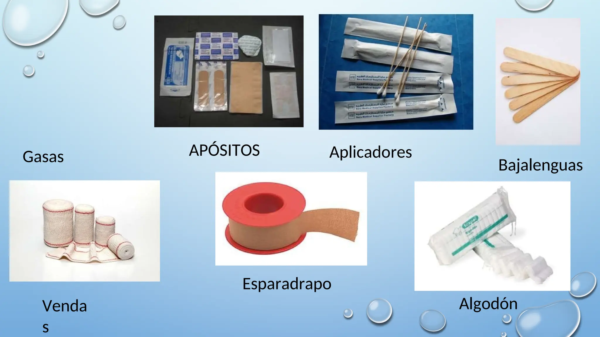 Gasas APÓSITOS
Venda
s
Aplicadores
Bajalenguas
Esparadrapo
Algodón
 