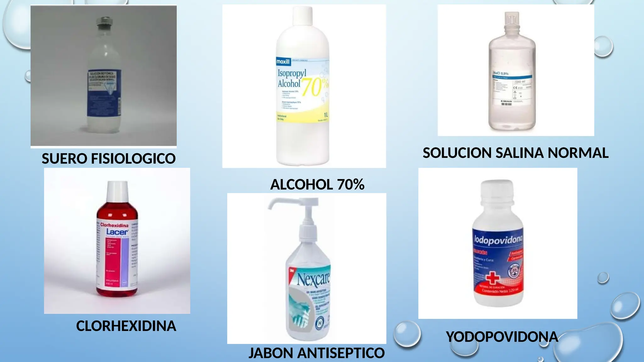 YODOPOVIDONA
ALCOHOL 70%
CLORHEXIDINA
SUERO FISIOLOGICO SOLUCION SALINA NORMAL
JABON ANTISEPTICO
 