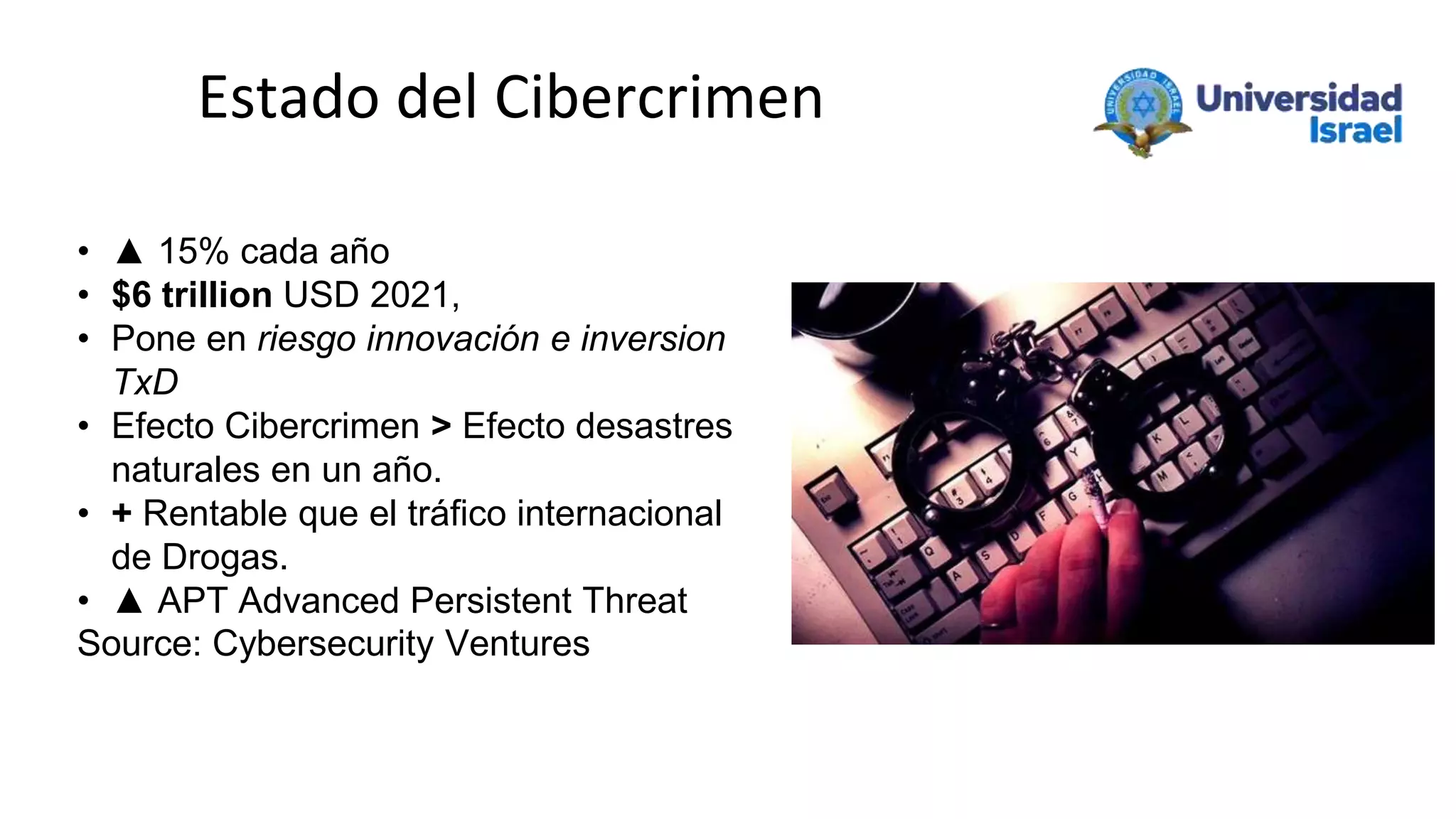 Estado del Cibercrimen
• ▲ 15% cada año
• $6 trillion USD 2021,
• Pone en riesgo innovación e inversion
TxD
• Efecto Cibercrimen > Efecto desastres
naturales en un año.
• + Rentable que el tráfico internacional
de Drogas.
• ▲ APT Advanced Persistent Threat
Source: Cybersecurity Ventures
 