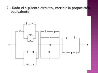 2.- Dado el siguiente circuito, escribir la proposición
   equivalente:
 