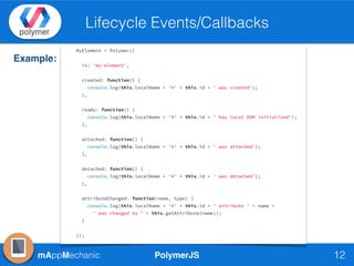 PolymerJSmAppMechanic
Lifecycle Events/Callbacks
12
Example:
 