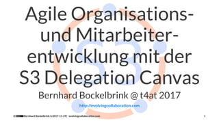Agile Organisations-
und Mitarbeiter-
entwicklung mit der
S3 Delegation Canvas
Bernhard Bockelbrink @ t4at 2017
http://evolvingcollaboration.com
Bernhard Bockelbrink (v2017-11-29) - evolvingcollaboration.com 1
 